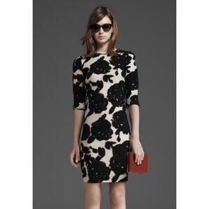 REISS Lavine Dress Floral 3/4 Sleeve Bodycon Sheath Mini, Black/ Cream